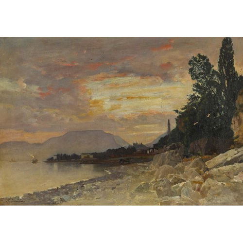 GUSTAVE JEANNERET : Seeuferlandschaft im Abendrot (DOBIASCHOFSKY AUKTIONEN AG)