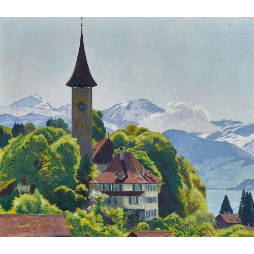 PLINIO COLOMBI : Spiez am Thunersee mit Blick auf die Berner Alpen (DOBIASCHOFSKY AUKTIONEN AG)