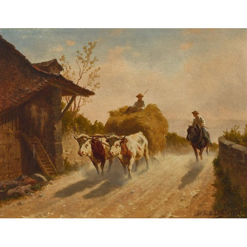CHARLES JEAN FERDINAND HUMBERT : Strassenpartie mit Heuwagen und Reiter (DOBIASCHOFSKY AUKTIONEN AG)