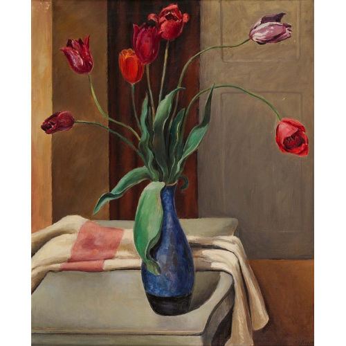 HANS ARNOLD DAEPP : Stillleben mit Tulpen in blauer Vase (DOBIASCHOFSKY AUKTIONEN AG)