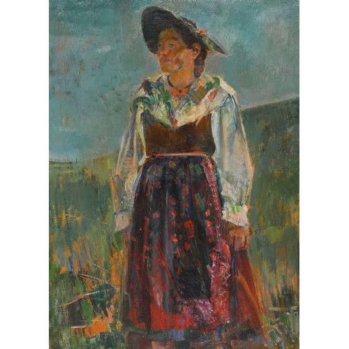 FRIEDRICH TRAFFELET : Junge Trachtenfrau auf einer Wiese (DOBIASCHOFSKY AUKTIONEN AG)