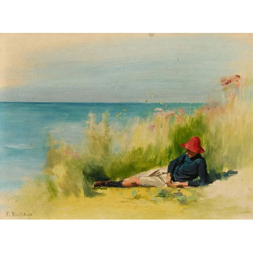 AUGUSTE FR�D�RIC DUFAUX : Liegender Mann mit rotem Hut am Ufer (DOBIASCHOFSKY AUKTIONEN AG)