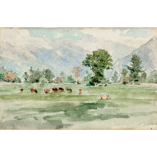 ALBERT ANKER : Sommerliche Landschaft mit weidenden K�hen (DOBIASCHOFSKY AUKTIONEN AG)