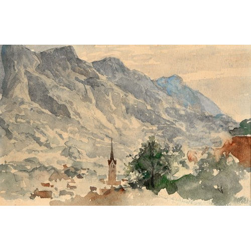 ALBERT ANKER : Berglandschaft mit Dorf und Kirche (DOBIASCHOFSKY AUKTIONEN AG)