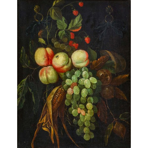 THOMAS MERTENS : Stillleben mit Pfirsichen, Trauben und Maiskolben (DOBIASCHOFSKY AUKTIONEN AG)