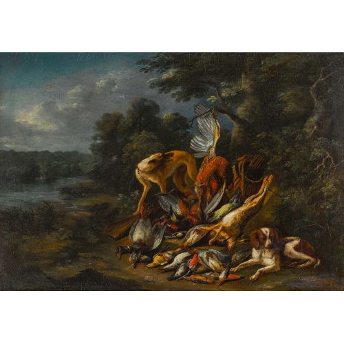 ADRIAEN DE GRIJEF : Zwei Jagdhunde mit Federvieh und Hase in der Landschaft (DOBIASCHOFSKY AUKTIONEN AG)