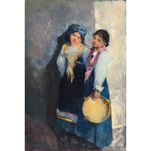 MAX ALFRED BURI : 'Zwei Zigeunerm�dchen mit Tambourin, an Hausecke stehend' (DOBIASCHOFSKY AUKTIONEN AG)