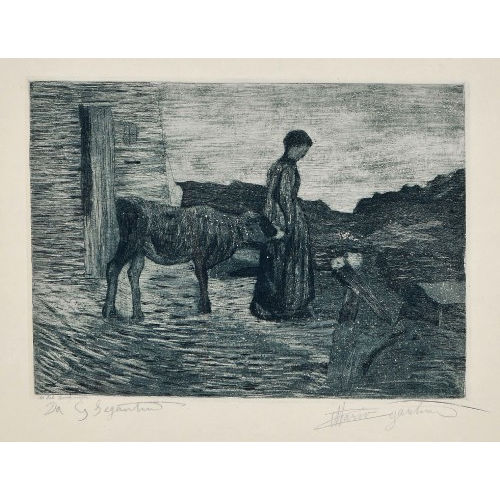 GIOVANNI SEGANTINI : Frau mit Kalb vor einem Bauernhaus (DOBIASCHOFSKY AUKTIONEN AG)