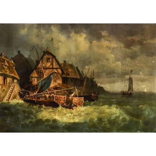 CARL VON ZELLENBERG : Uferpartie mit H�usern und Fischerbooten (DOBIASCHOFSKY AUKTIONEN AG)