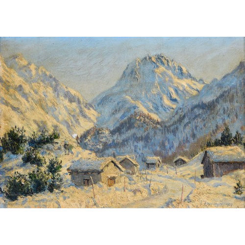 ERNST ZUPPINGER : Verschneite Berglandschaft mit H�tten (DOBIASCHOFSKY AUKTIONEN AG)