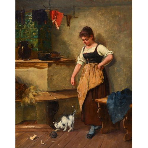 WILHELM KOBAN : B�uerliches Interieur mit junger Frau und spielender Katze (DOBIASCHOFSKY AUKTIONEN AG)