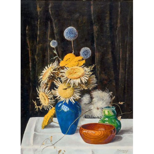 PLINIO COLOMBI : Stillleben mit Trockenblumen, Schale und Vase (DOBIASCHOFSKY AUKTIONEN AG)