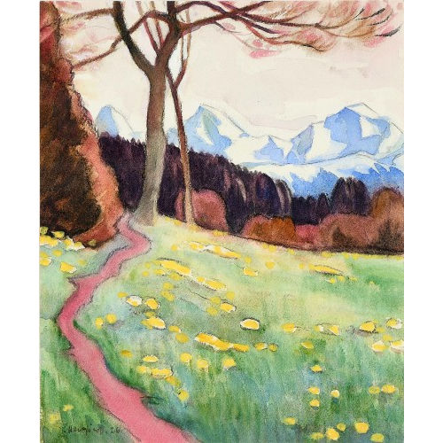 EUGEN HENZIROSS : Feldweg mit Blick auf das Berner Dreigestirn (DOBIASCHOFSKY AUKTIONEN AG)