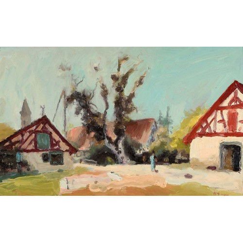 20. JH. SCHWEIZ : Dorfpartie mit Fachwerkh�usern und Kirchturm (DOBIASCHOFSKY AUKTIONEN AG)