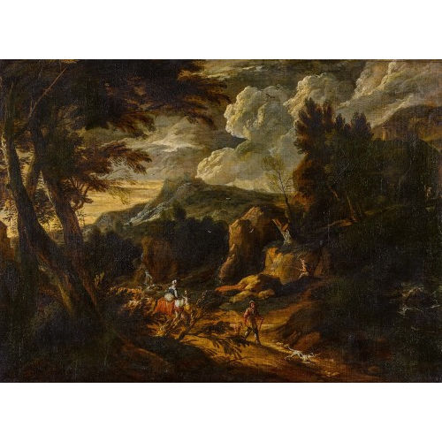 ANTON FAISTENBERGER : S�dliche Gebirgslandschaft mit Reisenden und einem Fischer (DOBIASCHOFSKY AUKTIONEN AG)