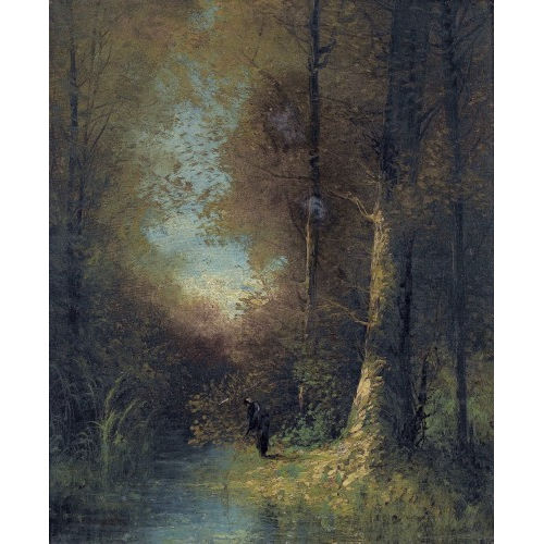 C�SAR DE COCK : Herbstwald mit Angler am Bach (DOBIASCHOFSKY AUKTIONEN AG)