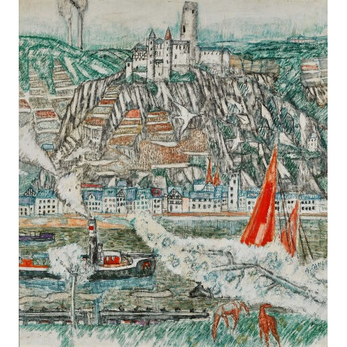ALOIS CARIGIET : St. Goarshausen am Rhein mit Burg Neukatzenelnbogen (DOBIASCHOFSKY AUKTIONEN AG)