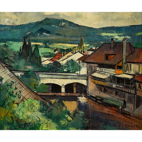WALTER MAFLI : Altes H�tel-Restaurant du Lion d'Or mit Pont sur l'Areuse in Boudry (DOBIASCHOFSKY AUKTIONEN AG)