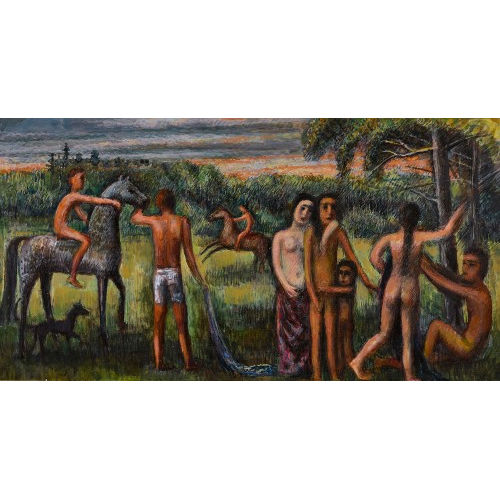 HERMANN HUBER : Familie mit Pferden am Waldrand (DOBIASCHOFSKY AUKTIONEN AG)