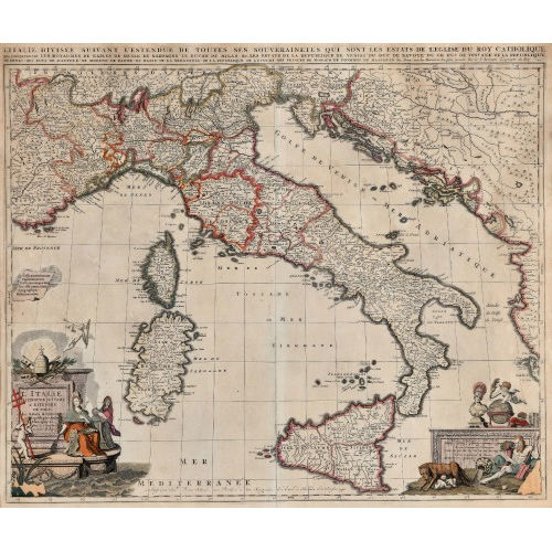 PETRUS I SCHENK : 'Italie divisee suivant l'estendue de toutes ses souverainetes qui sont les estates de l'eglise du roy catholique' (DOBIASCHOFSKY AUKTIONEN AG)