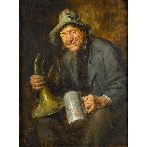 ERNST KARL GEORG ZIMMERMANN : Sitzender Bauer mit Waldhorn und Humpen (DOBIASCHOFSKY AUKTIONEN AG)