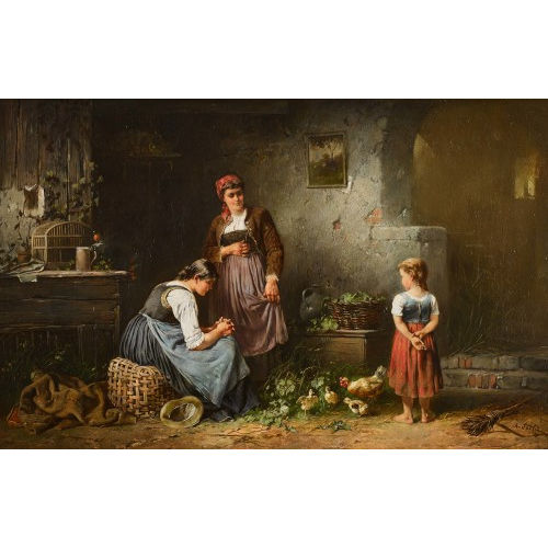 ANTON SEITZ : Interieur mit B�uerinnen, M�dchen, H�hnern und K�ken (DOBIASCHOFSKY AUKTIONEN AG)