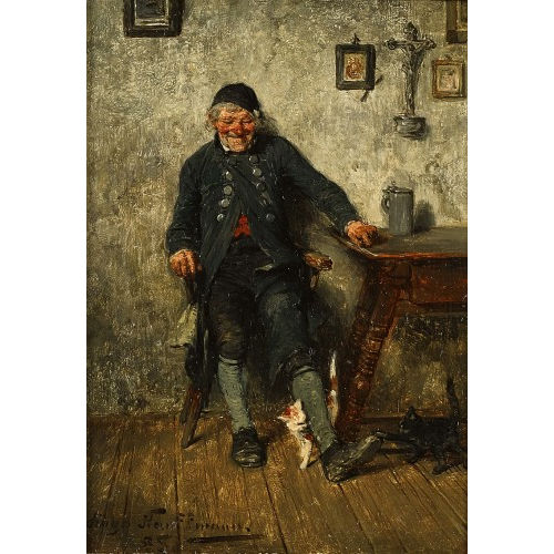 HUGO WILHELM VON KAUFFMANN : Stubeninterieur mit Bauer und spielenden Katzen (DOBIASCHOFSKY AUKTIONEN AG)