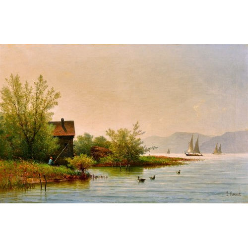 LOUIS MENNET : Sommerliche Uferpartie am Genfersee mit Angler (DOBIASCHOFSKY AUKTIONEN AG)