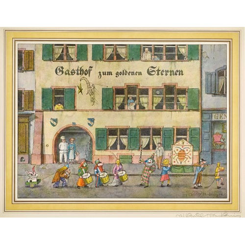 NIKLAUS STOECKLIN : 'Fasnachtsclique vor dem Gasthof zum Goldenen Sternen in Basel' (DOBIASCHOFSKY AUKTIONEN AG)