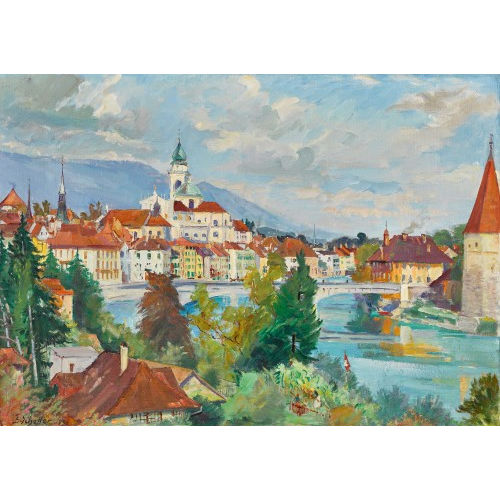 EMIL SCHELLER : Sommerlicher Blick auf die Stadt Solothurn mit Aare (DOBIASCHOFSKY AUKTIONEN AG)