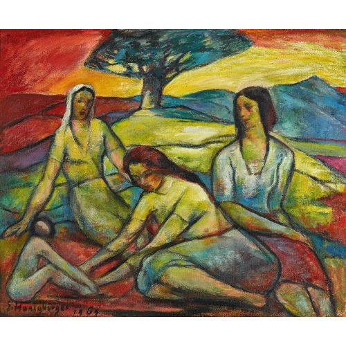 ERNST HONIGBERGER : Landschaft mit rastendem Frauentrio und Kind (DOBIASCHOFSKY AUKTIONEN AG)