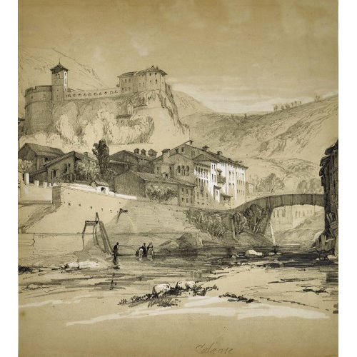 ALEXANDRE CALAME : Berglandschaft mit Festung und H�usern am Fluss (DOBIASCHOFSKY AUKTIONEN AG)