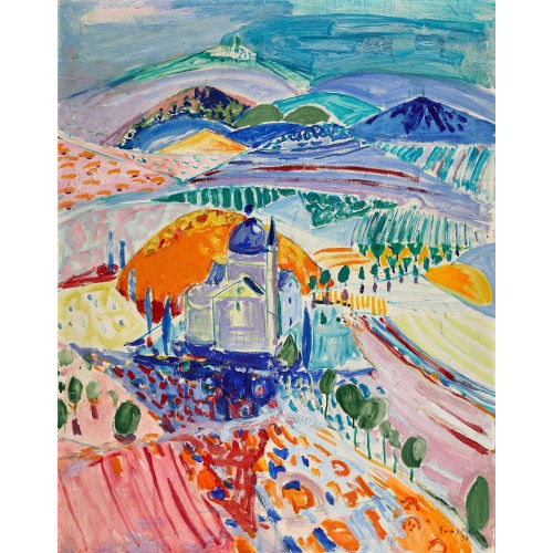 HANS-ULRICH SAAS : H�gelige Landschaft mit Kirche (DOBIASCHOFSKY AUKTIONEN AG)