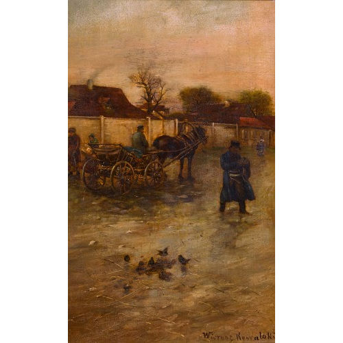ALFRED VON WIERUSZ-KOWALSKI : Strassenpartie mit Pferdewagen und Passanten (DOBIASCHOFSKY AUKTIONEN AG)