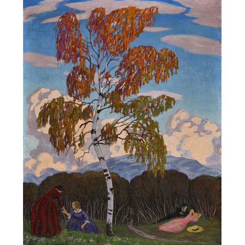 HEDWIG SCHERRER : Landschaft mit Birke und rastender Gesellschaft (DOBIASCHOFSKY AUKTIONEN AG)