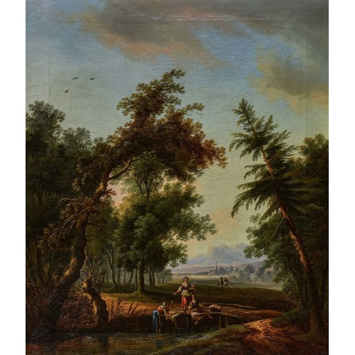 18. JH. FRANKREICH : Idyllische Landschaft mit W�scherinnen am Waldbach (DOBIASCHOFSKY AUKTIONEN AG)