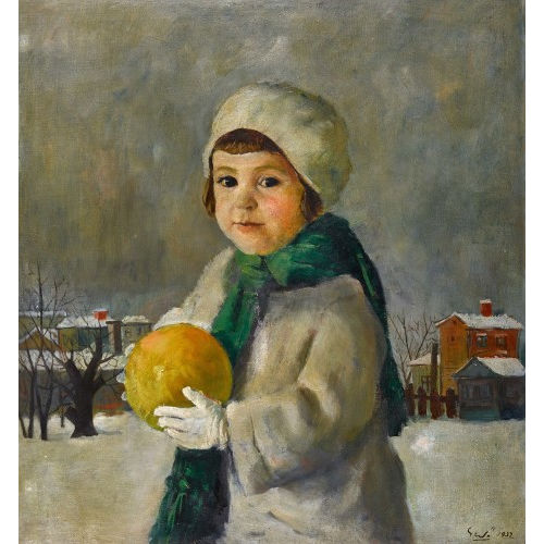 LIPOT GED� : M�dchen mit gelbem Ball vor Winterlandschaft (DOBIASCHOFSKY AUKTIONEN AG)