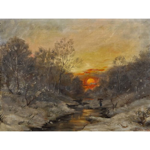 ERNST ZUPPINGER : Bachlandschaft im Abendrot mit Reisigsammlerin (DOBIASCHOFSKY AUKTIONEN AG)