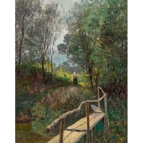 OTTO GAMPERT : Landschaft mit Holzsteg und B�uerin (DOBIASCHOFSKY AUKTIONEN AG)