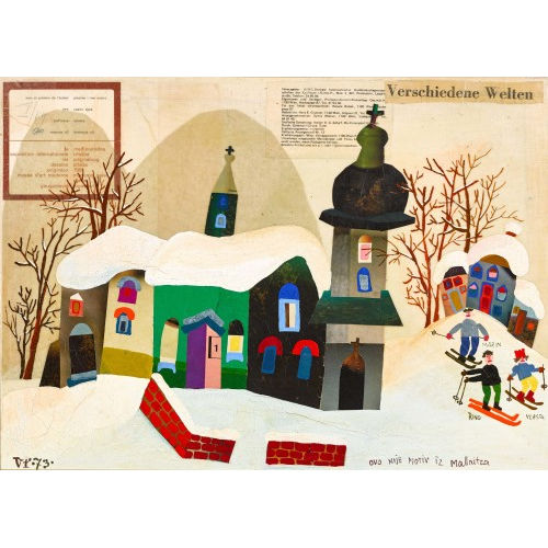 VJEKOSLAV VOJO RADOICIC : Winterlandschaft mit Kirche und Skifahrern (DOBIASCHOFSKY AUKTIONEN AG)