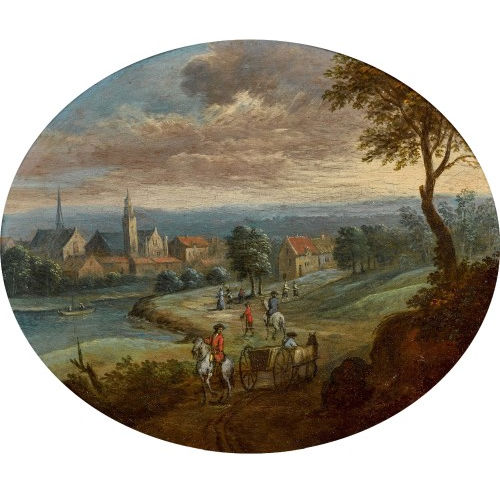 JACQUES WILLEM VAN BLARENBERGHE : Flusslandschaft mit Reitern und Stadt (DOBIASCHOFSKY AUKTIONEN AG)