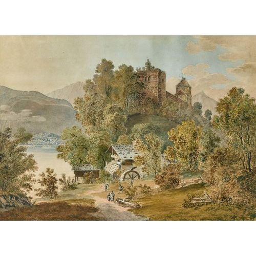 19. JH. SCHWEIZ : Burgruine am See mit M�hle und b�uerlicher Staffage (DOBIASCHOFSKY AUKTIONEN AG)