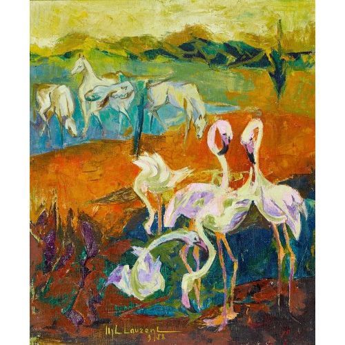 LAURENT : Landschaft mit Flamingos und Pferden (DOBIASCHOFSKY AUKTIONEN AG)