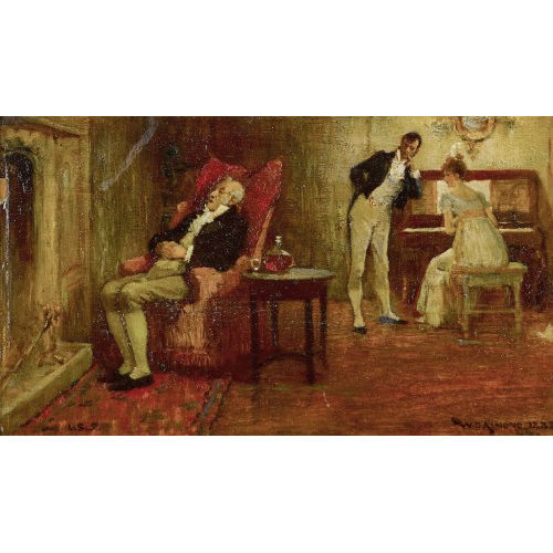 WILLIAM DOUGLAS ALMOND : Interieur mit Paar am Klavier und schlafendem Herrn im Fauteuil (DOBIASCHOFSKY AUKTIONEN AG)