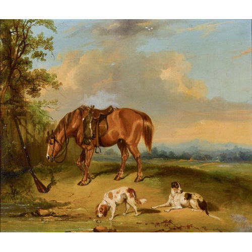 19. JH. ENGLAND : Pferd mit zwei Jagdhunden (DOBIASCHOFSKY AUKTIONEN AG)