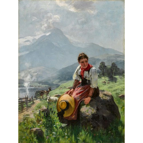 HANS BACHMANN : Sommerlandschaft mit Berner Trachtenm�dchen und Ziegen (DOBIASCHOFSKY AUKTIONEN AG)