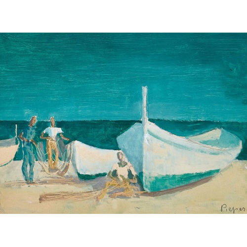 HERMANN PIEPER : Fischer mit Booten am Strand (DOBIASCHOFSKY AUKTIONEN AG)