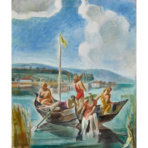 FRIEDRICH TRAFFELET : Frauen im Badekost�m auf einem Ruderboot bei der St. Petersinsel (DOBIASCHOFSKY AUKTIONEN AG)