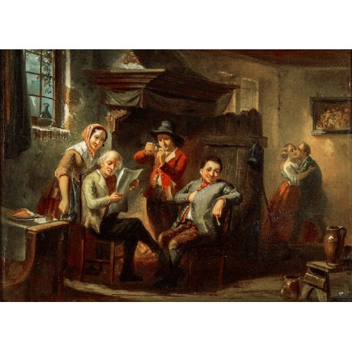 HENDRIK VAN DER BURGH : Interieur mit Zeitungsleser, Pfeifenraucher und Liebespaar (DOBIASCHOFSKY AUKTIONEN AG)