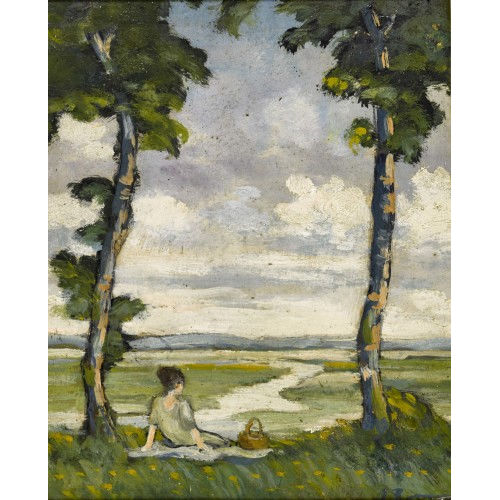 20. JH. SCHWEIZ : Sitzende Frau mit Korb in weiter Landschaft (DOBIASCHOFSKY AUKTIONEN AG)